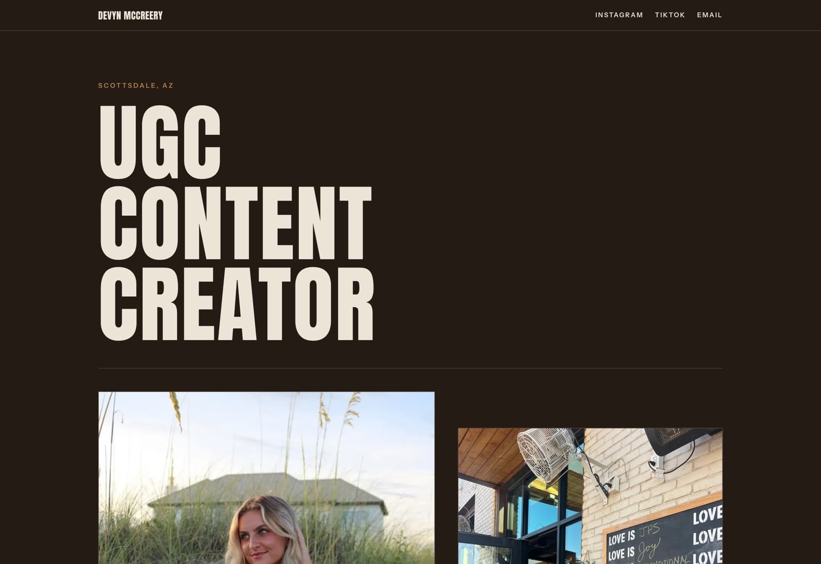 The Devyn McCreery UGC site: a cream condensed display headline reading UGC Content Creator on a dark espresso ground